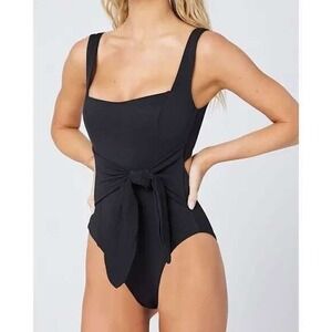 L*Space Balboa Pique Fabric One Piece Swimsuit Size S Tie Front Black NEW